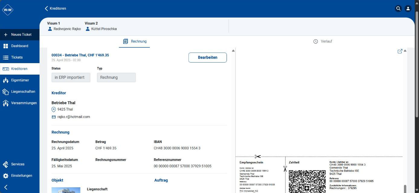 Screenshot: Detailansicht einer Kreditoren-Rechnung