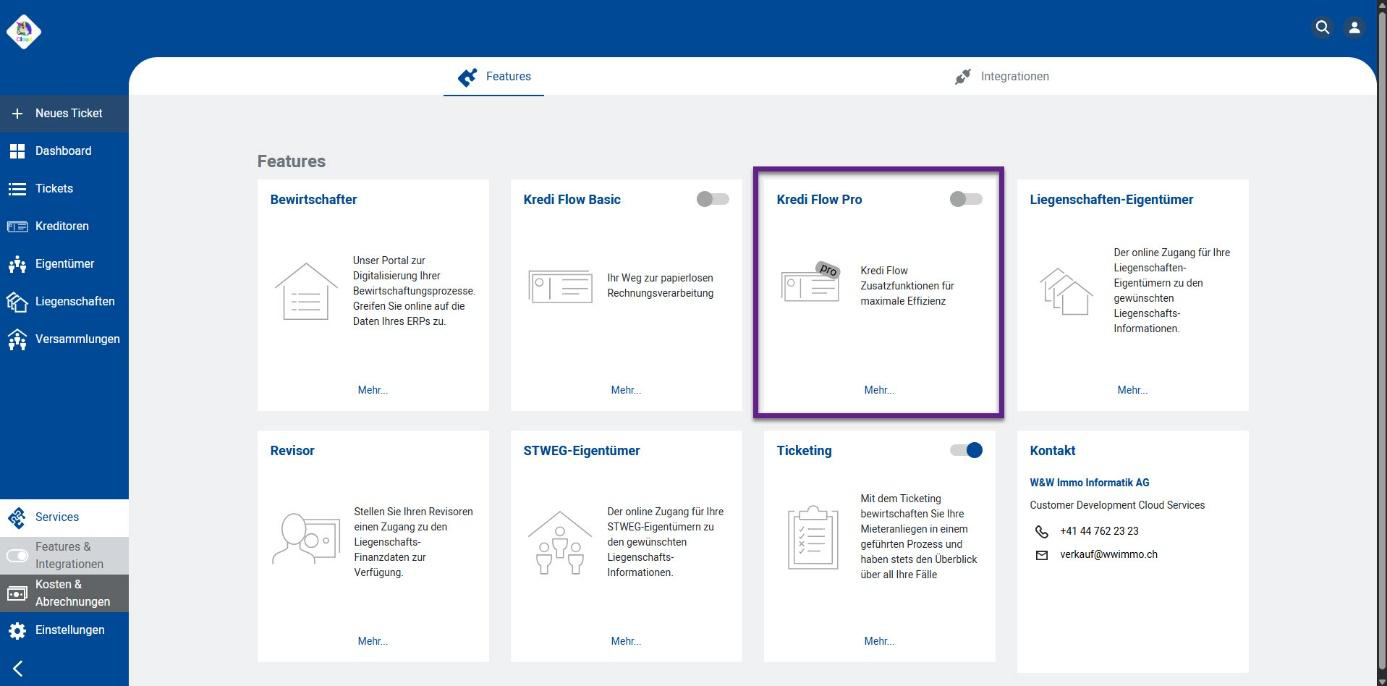 Screenshot: Übersicht Services / Features & Integrationen mit Kredi Flow Basic/Pro und Ticketing